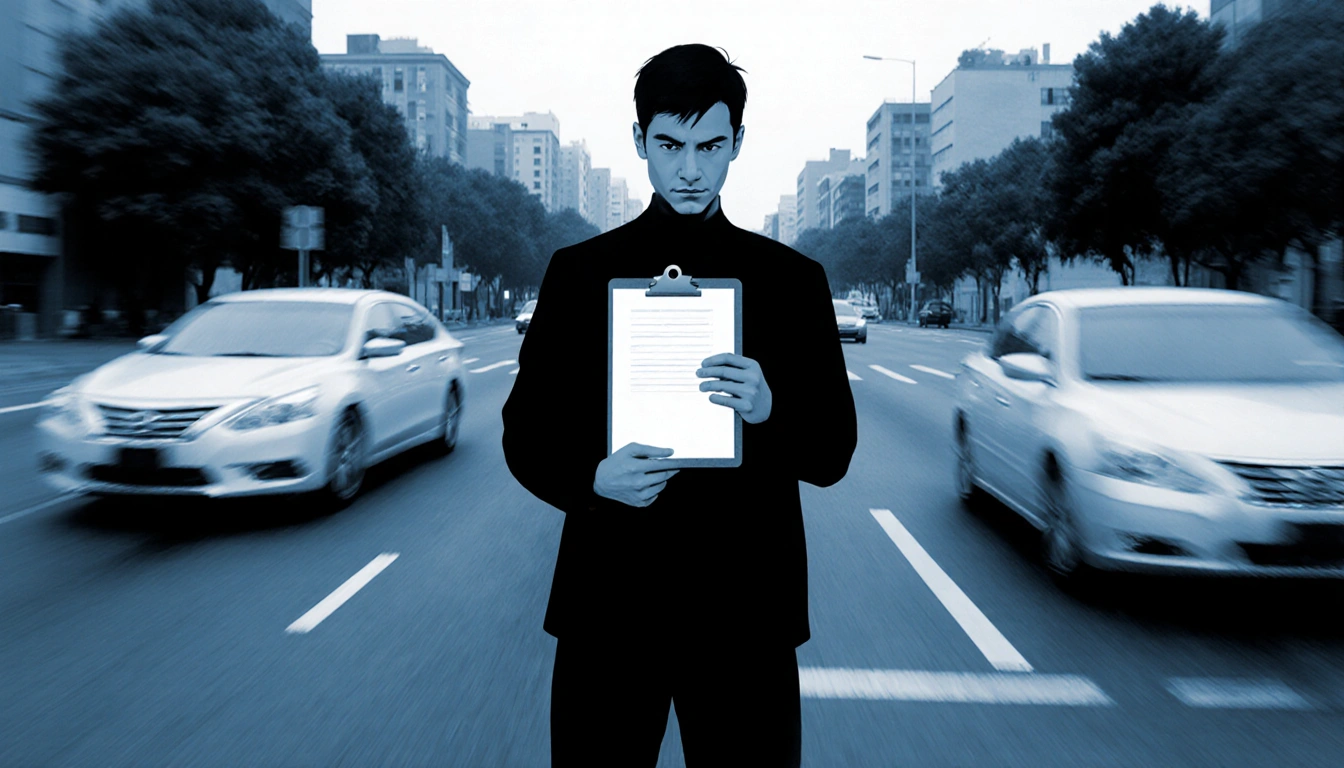 Person standing with clipboard and determined expression at busy city intersection with passing traffic