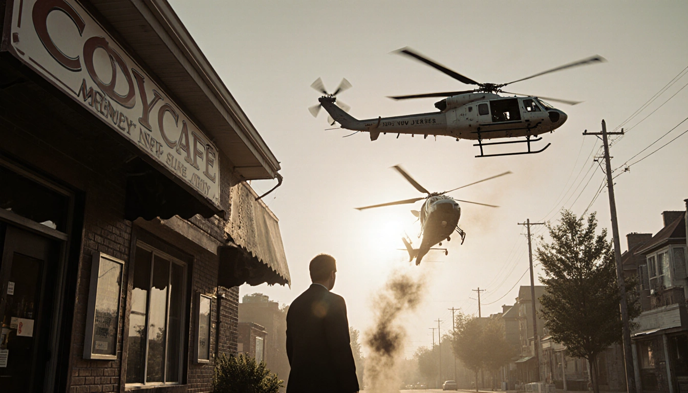 Sal Silipino watching a helicopter spiral downward and another flies above the cozy New Jersey cafe with warm sunrise light.