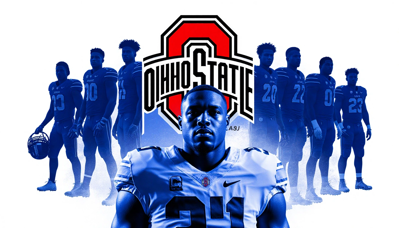Caleb Downs football player standing in front of Ohio State logo with confident expression and silhouettes of teammates and A