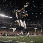 Caleb Williams throws a game‑winning pass with DJ Moore leaping for a touchdown under Soldier Field neon lights