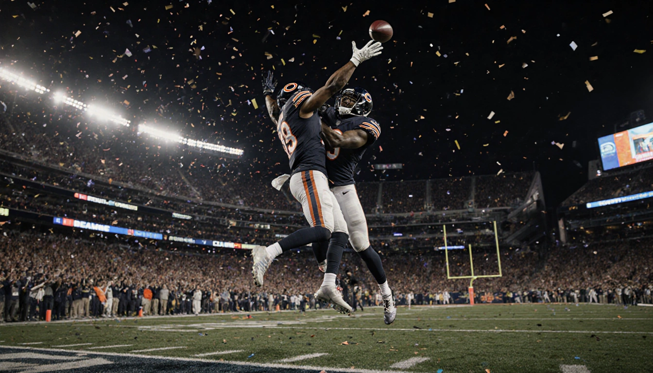 Caleb Williams throws a game‑winning pass with DJ Moore leaping for a touchdown under Soldier Field neon lights