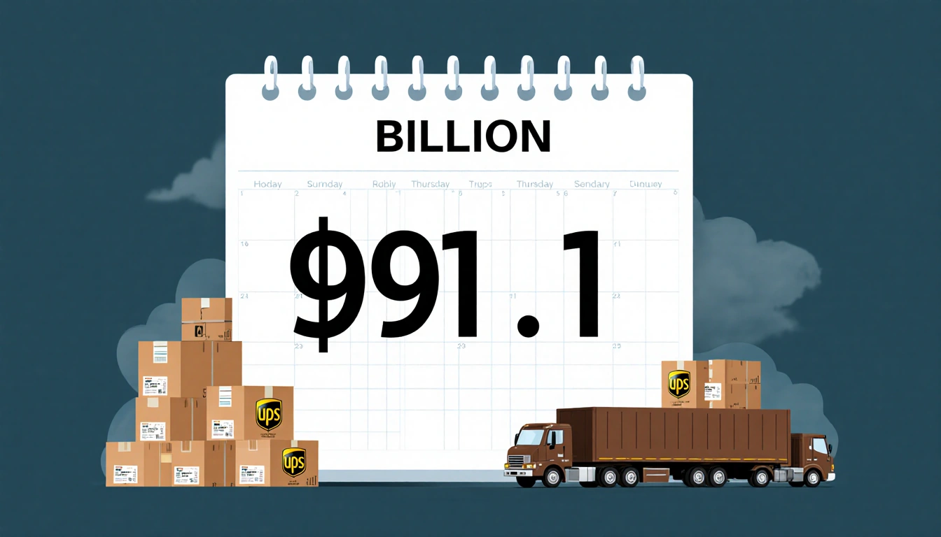 Calendar page displays 91.1 billion with stacks of packages and brown trucks driving away.
