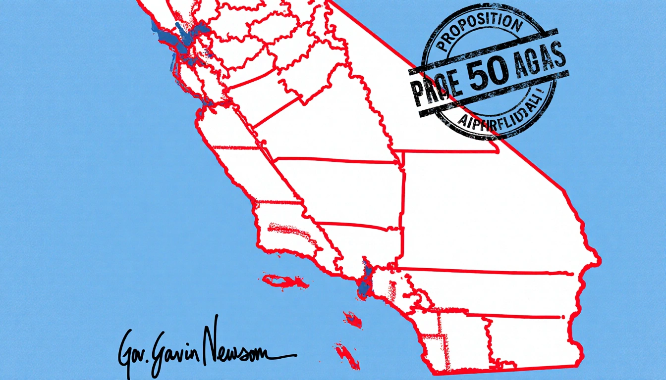 California map outlines new red district lines with Proposition 50 stamp and Newsom signature