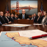 Judge presiding in courtroom with maps of California districts and a red pen marking a boundary