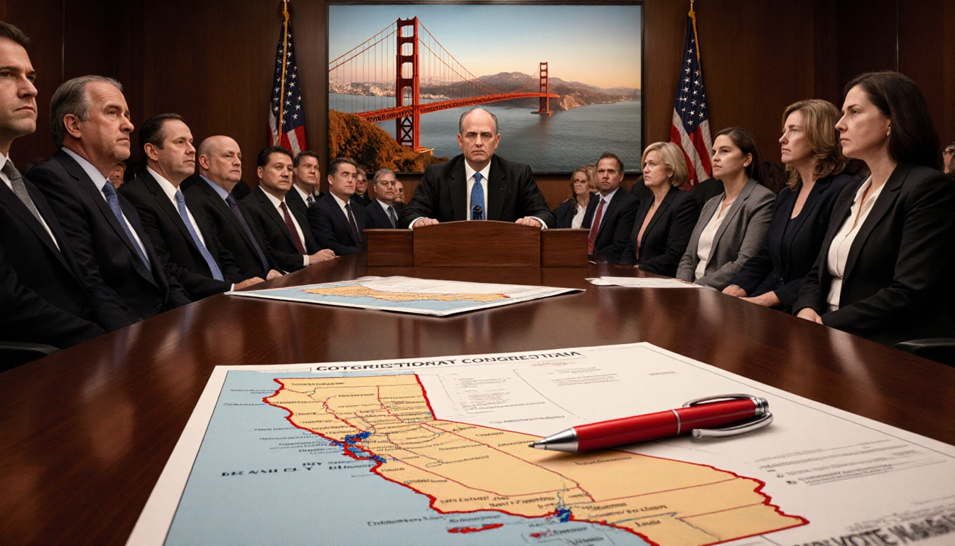 Judge presiding in courtroom with maps of California districts and a red pen marking a boundary