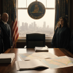 People in suits and robes arguing over documents in a courtroom with California seal above and LA skyline in background.