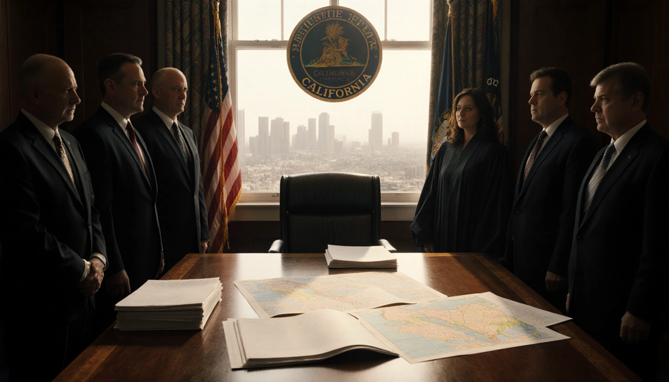 People in suits and robes arguing over documents in a courtroom with California seal above and LA skyline in background.
