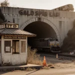 Abandoned ticket booth stands with warm sunlight and overgrown grass beside half‑built tunnel entrance and bullet train car.
