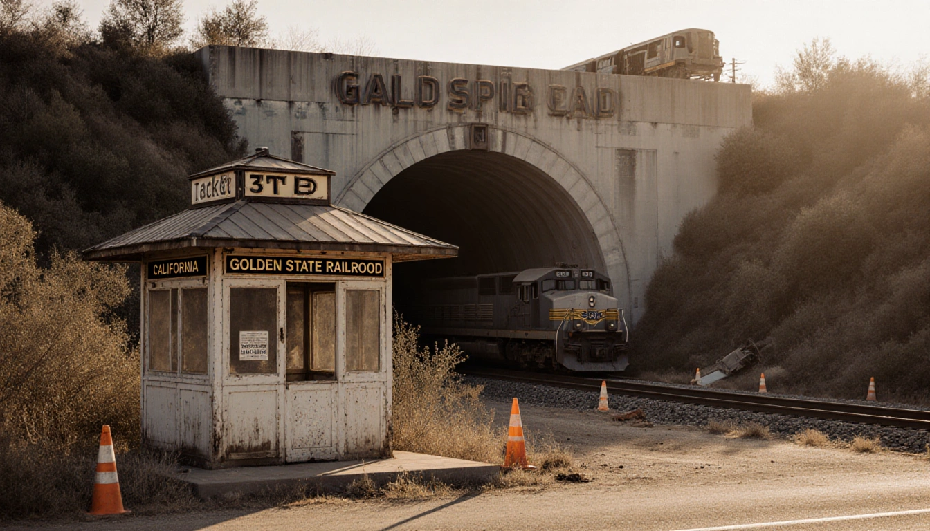Abandoned ticket booth stands with warm sunlight and overgrown grass beside half‑built tunnel entrance and bullet train car.