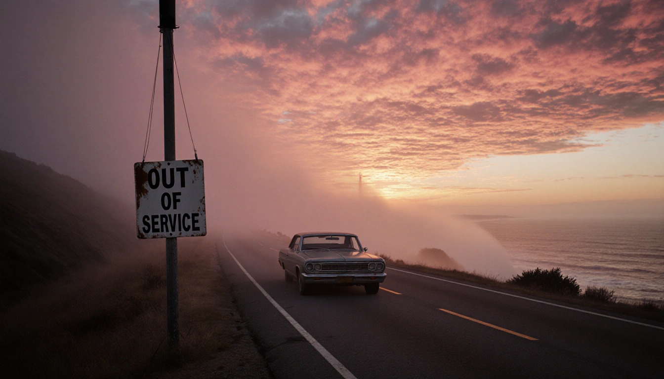 Abandoned car stands on deserted highway with dense fog rolling in and orange pink sunset sky.