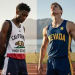 Two athletes standing on split track with California jersey bag and Nevada flag uniform Lake Tahoe