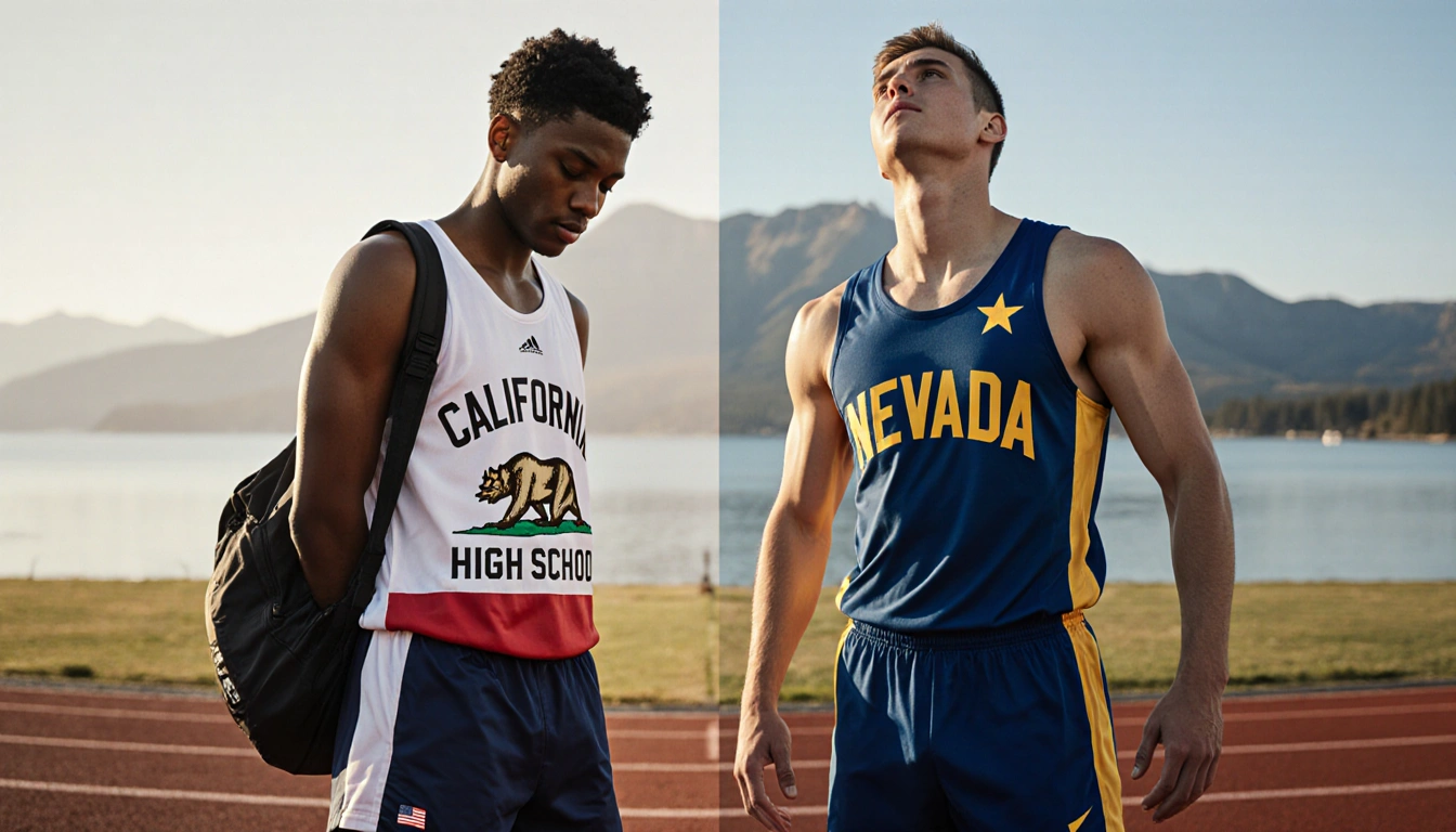 Two athletes standing on split track with California jersey bag and Nevada flag uniform Lake Tahoe