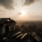 Smoldering warehouse burning with smoke haze and Thai fighter jets visible in the dusk sky.