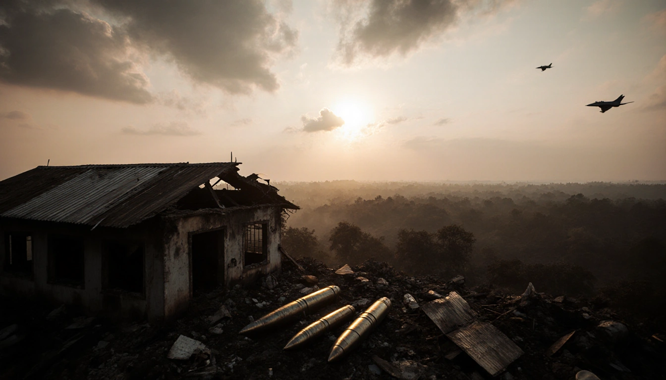 Smoldering warehouse burning with smoke haze and Thai fighter jets visible in the dusk sky.