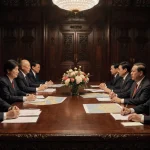 Cambodian and Thai foreign ministers debating at a carved wooden table with warm lighting and a flower vase.
