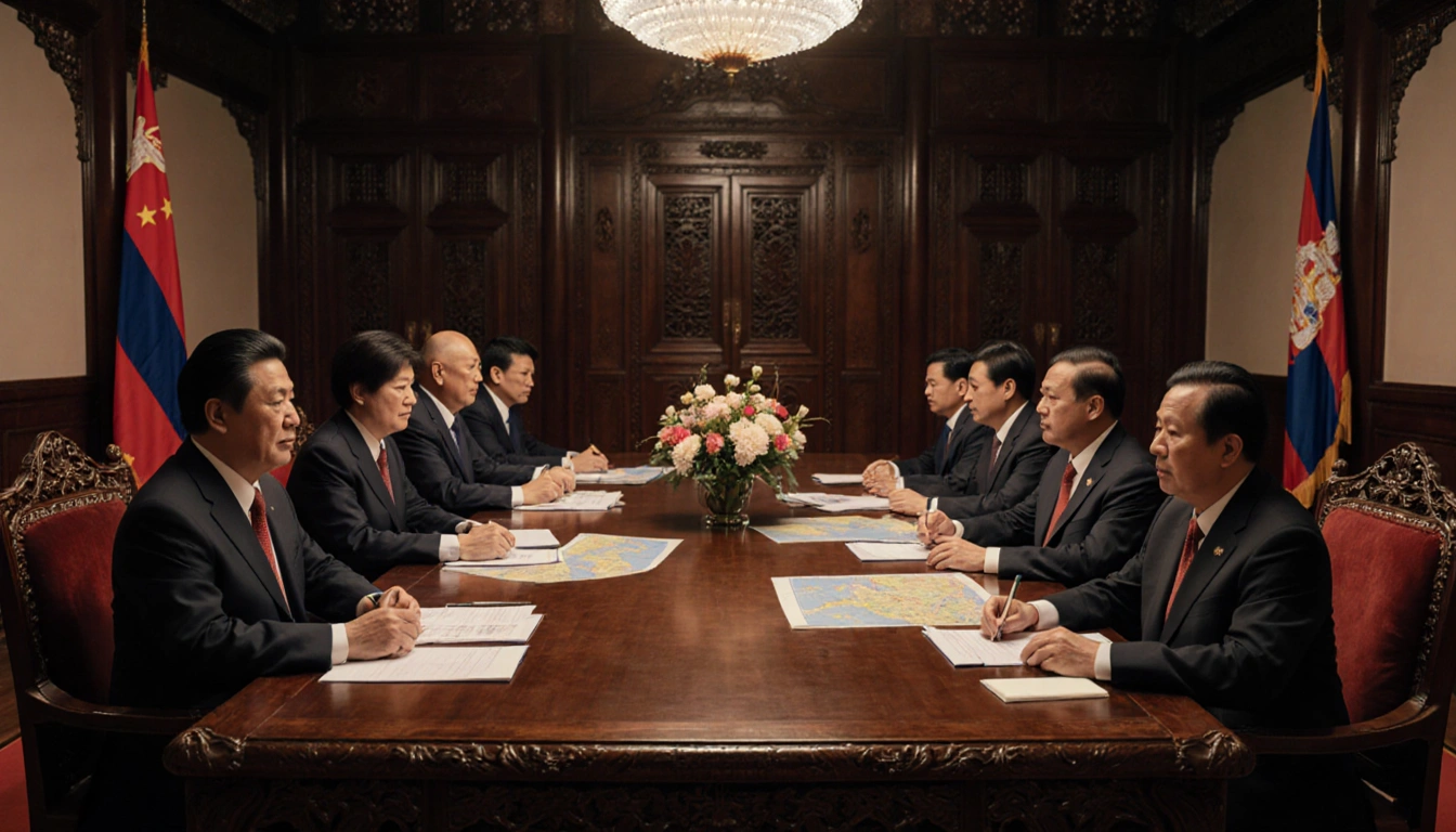 Cambodian and Thai foreign ministers debating at a carved wooden table with warm lighting and a flower vase.