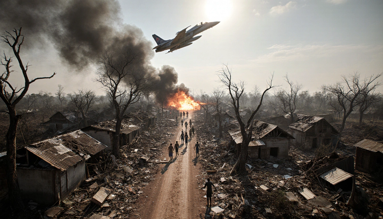 People fleeing devastated village with smoke and rubble from bombing