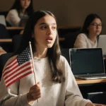 18-year-old Camdyn Glover speaks passionately with a small American flag in a university lecture hall filled with focused pee