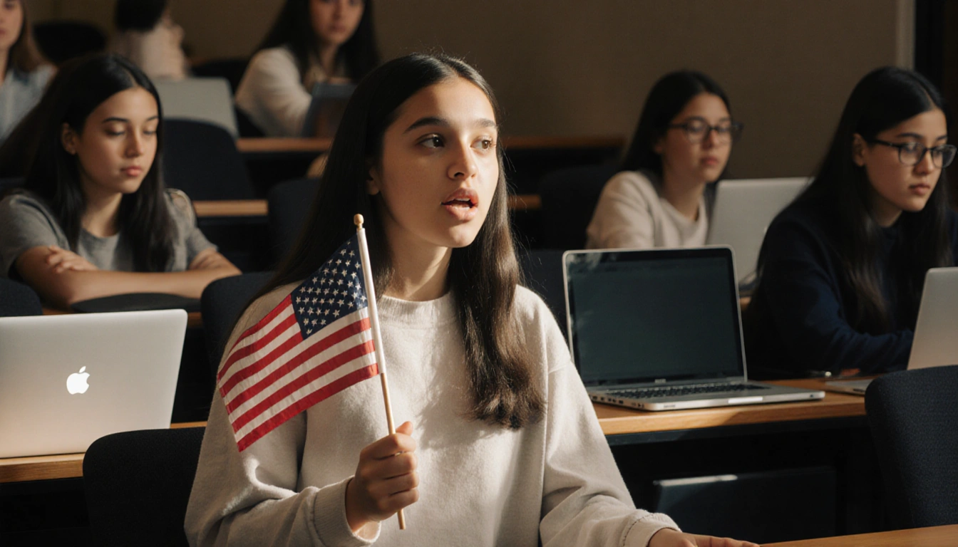 18-year-old Camdyn Glover speaks passionately with a small American flag in a university lecture hall filled with focused pee