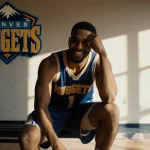 Cameron Johnson sits on basketball court bench with knee propped and MRI scanner in background Denver Nuggets logo visible