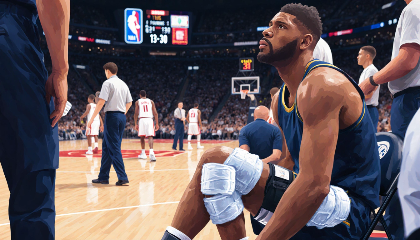Cameron Johnson sits on the sidelines with a knee brace and ice packs as medical staff watch over him during an NBA game.