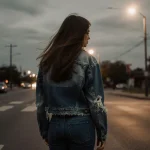 Camila Olmos standing at a San Antonio street corner with her back to the viewer with a denim jacket and golden streetlights.