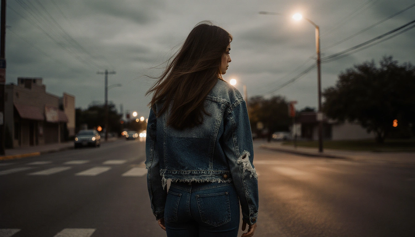 Camila Olmos standing at a San Antonio street corner with her back to the viewer with a denim jacket and golden streetlights.