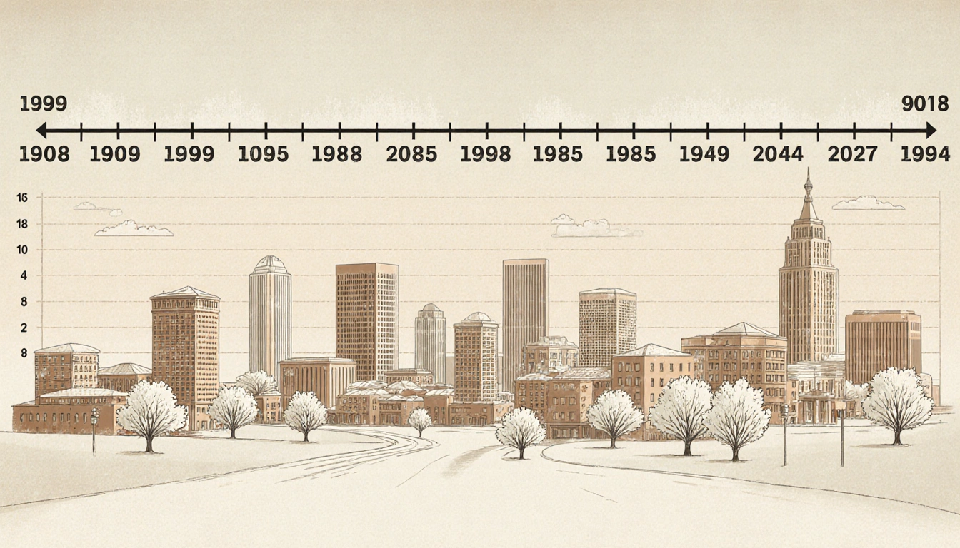 Historic graph illustrating falling freeze days at Camp Mabry with retro Austin skyline and frosty trees.