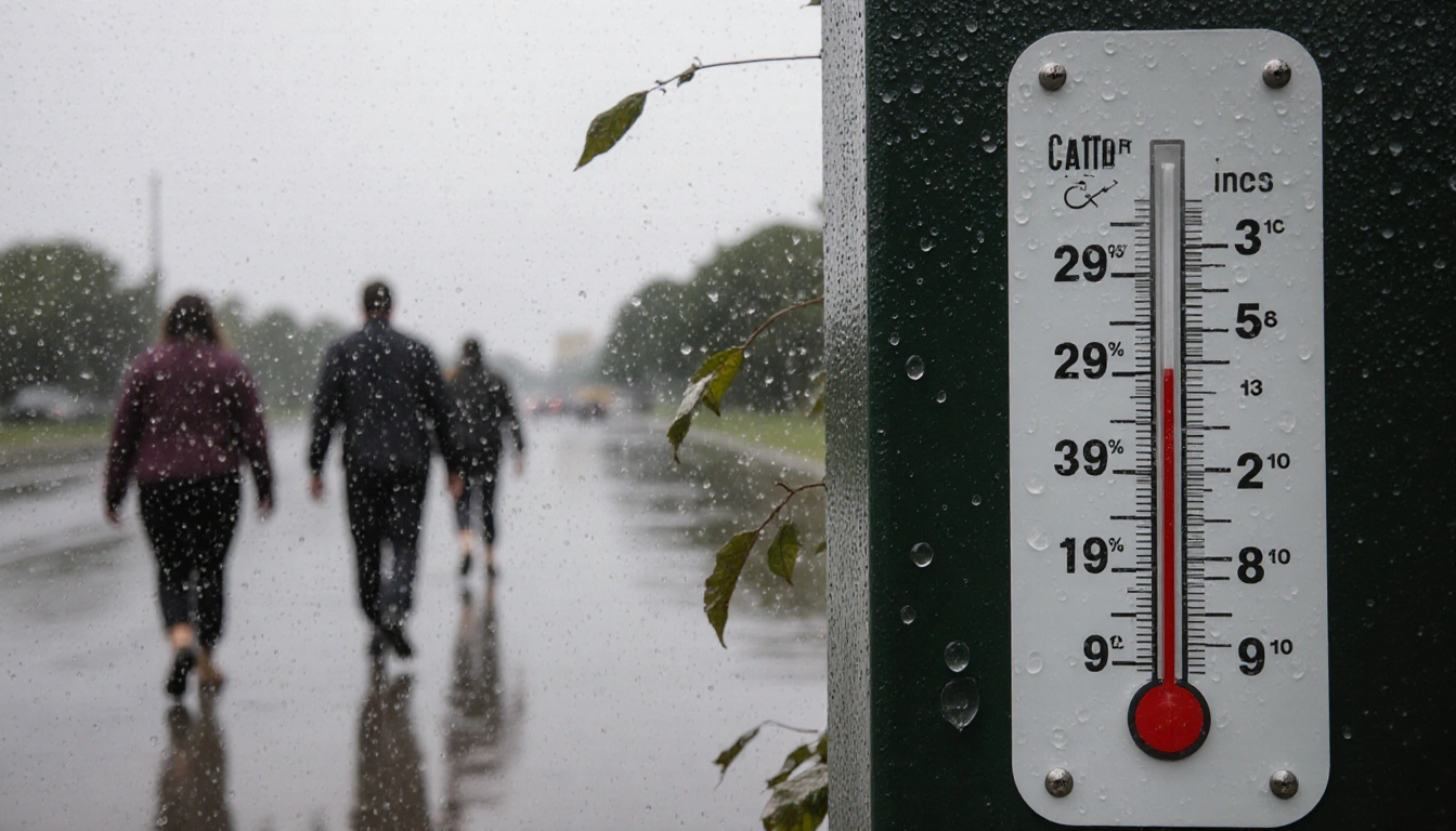 Rainfall gauge measuring 28.25 inches with blurred people walking away and rain-soaked leaves under gray sky