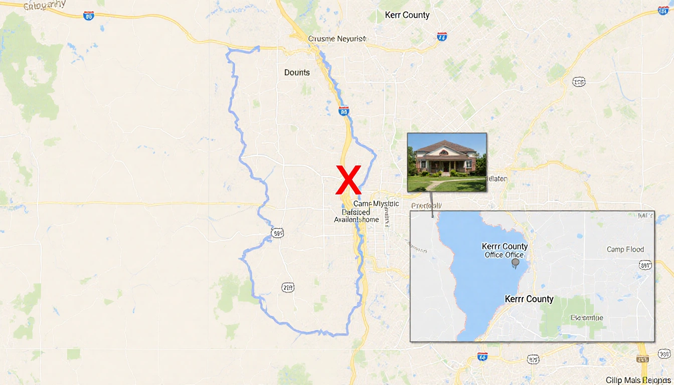 Map of Camp Mystic with red X in Kerr County overlaying Travis County boundaries for venue error and office for witnesses
