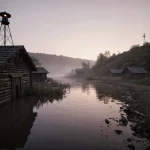 River reflecting dusk light with flooded Camp Mystic buildings and a lone siren on a hill