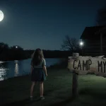 Young girl standing in front of a camp cabin looking out at the calm river with moonlit glow.