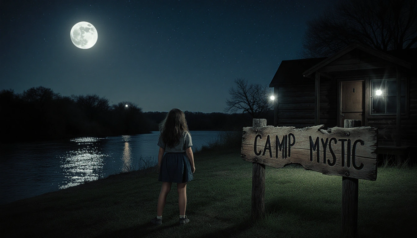 Young girl standing in front of a camp cabin looking out at the calm river with moonlit glow.