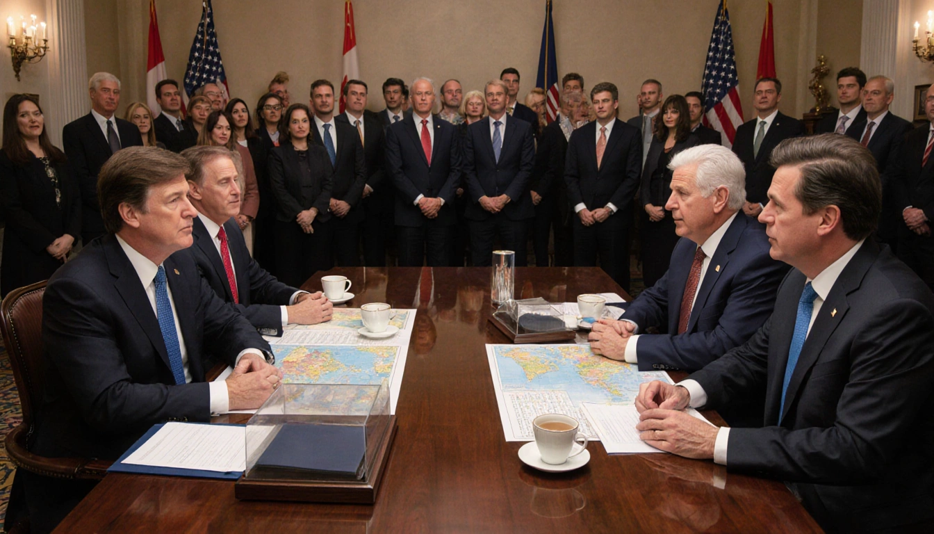 Canadian and American leaders hold a diplomatic meeting with maps and free-trade pact documents at table while observers watc