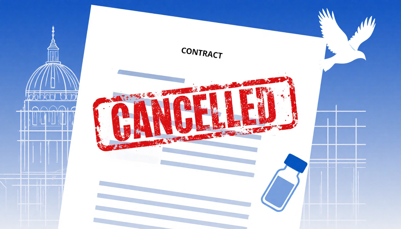 Contract document showing a red CANCELED stamp with a faint grid and a blue gradient background referencing vaccine funding