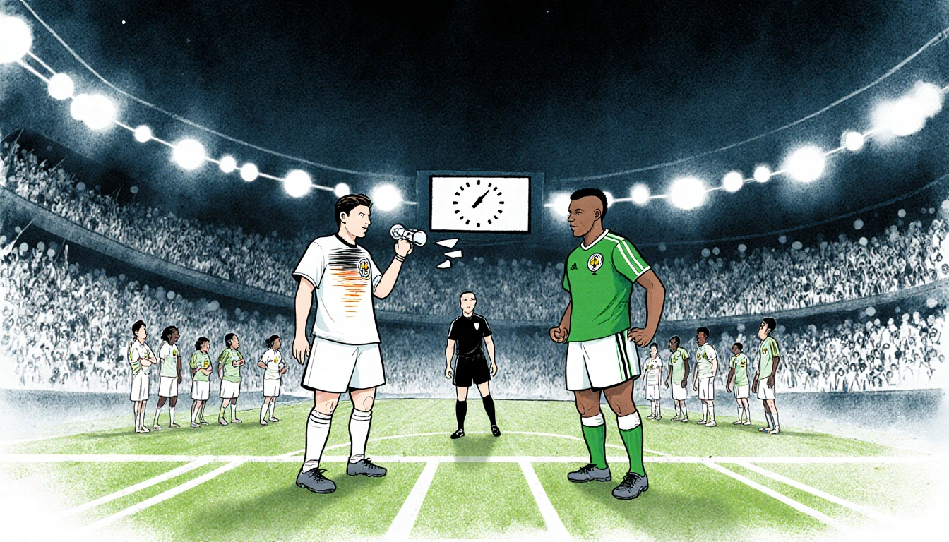 Germany and Ivory Coast players halt match with referee blowing whistle and stadium clock showing cancellation time.