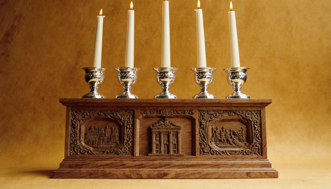 Ornate wooden candelabra illuminating candles and silver cups with subtle White House carvings on warm golden background