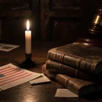 Flickering candle lights worn table with dusty books and faded flag beside it and a gavel in background.