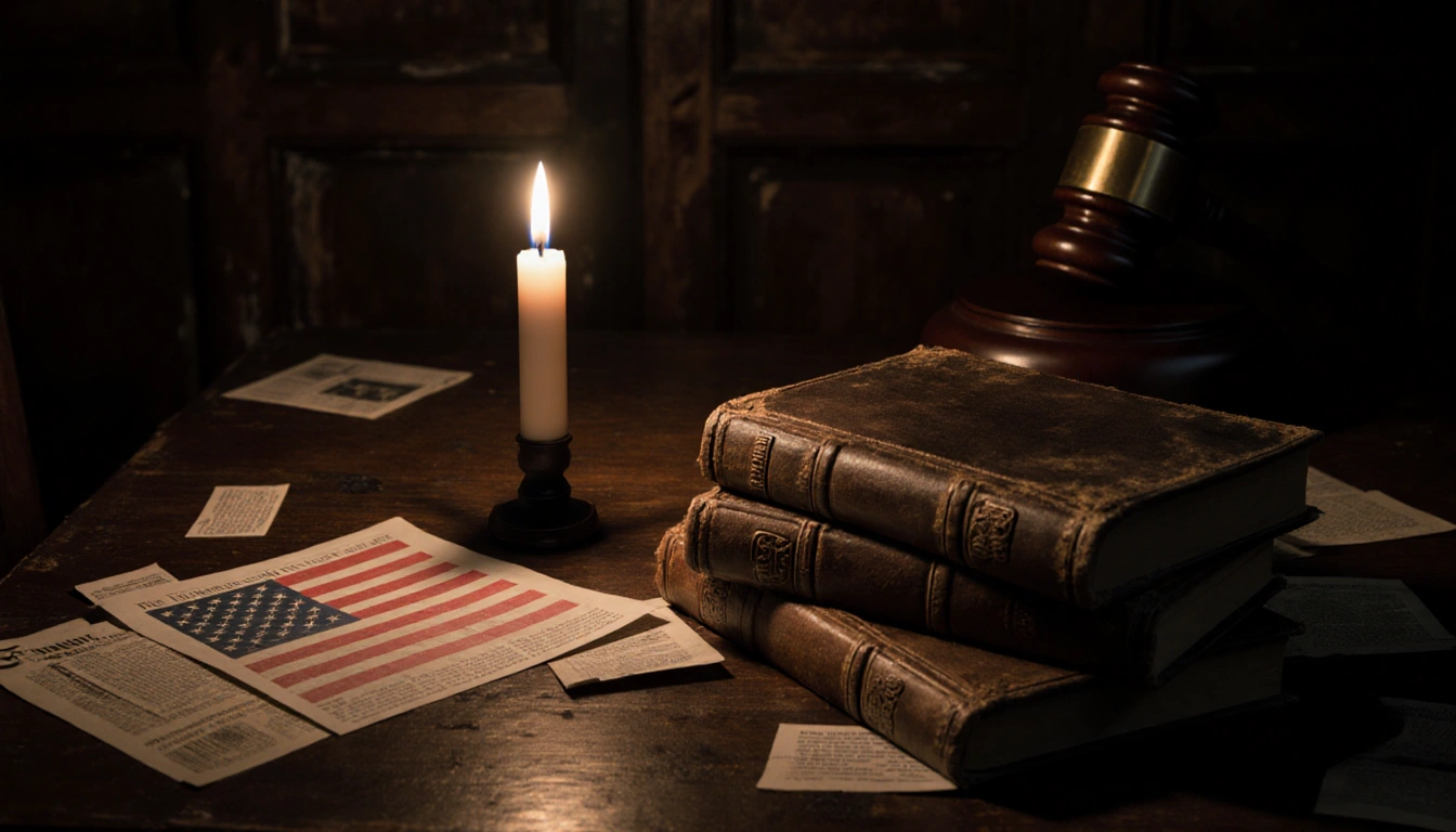 Flickering candle lights worn table with dusty books and faded flag beside it and a gavel in background.