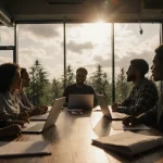 Diverse team brainstorming around table with laptops and papers with light from windows over cannabis grow facility.