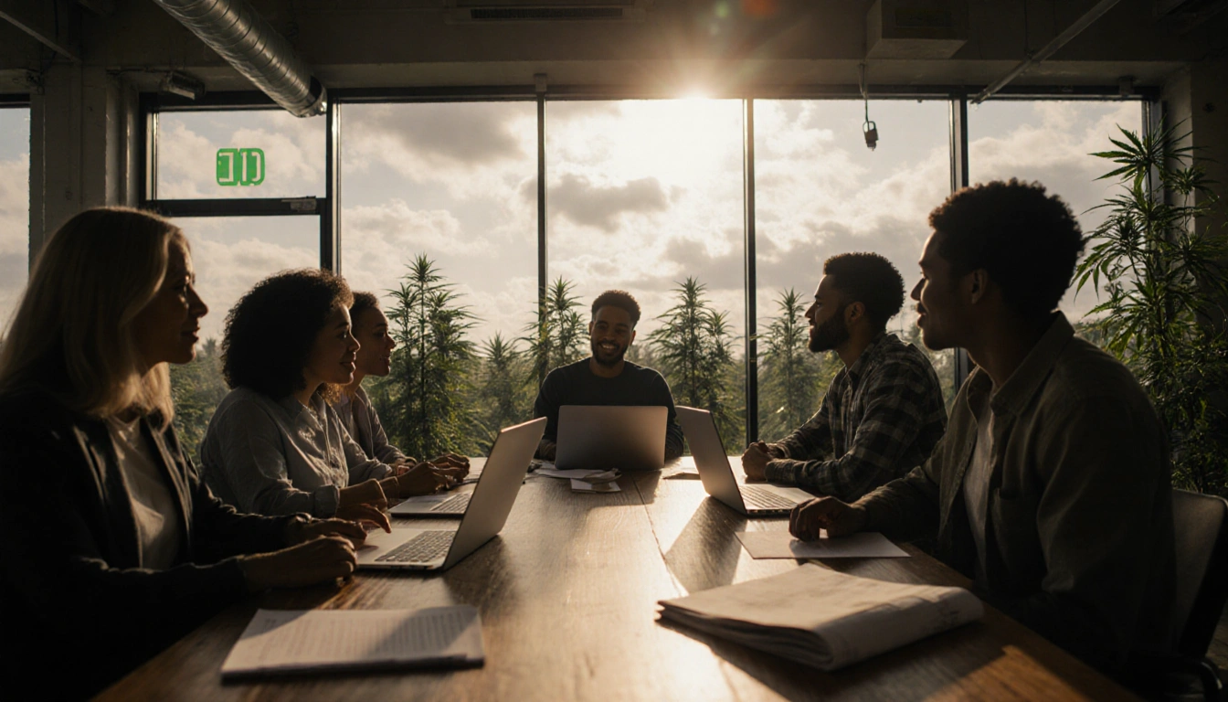 Diverse team brainstorming around table with laptops and papers with light from windows over cannabis grow facility.