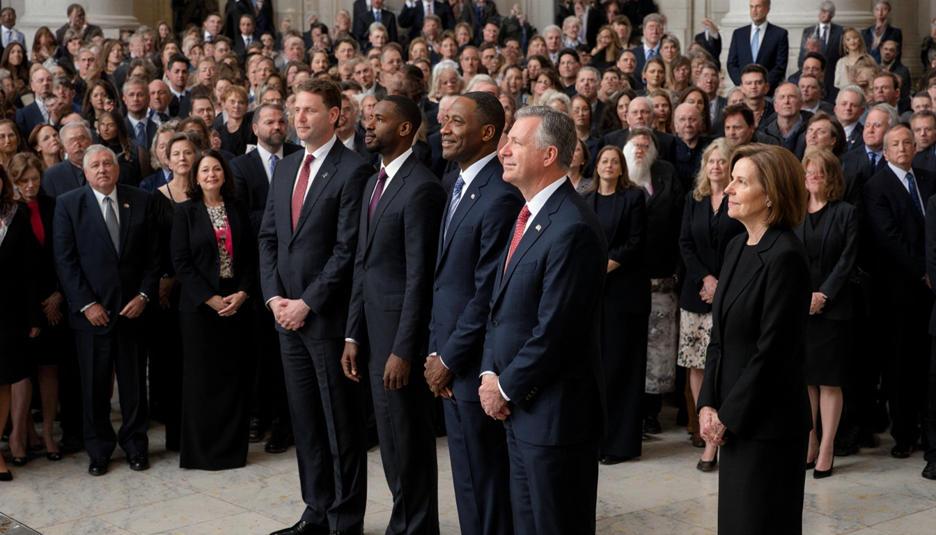 Mike Johnson and Hakeem Jeffries stand with Governor Youngkin and Spanberger at US Capitol with a crowd in formal attire.