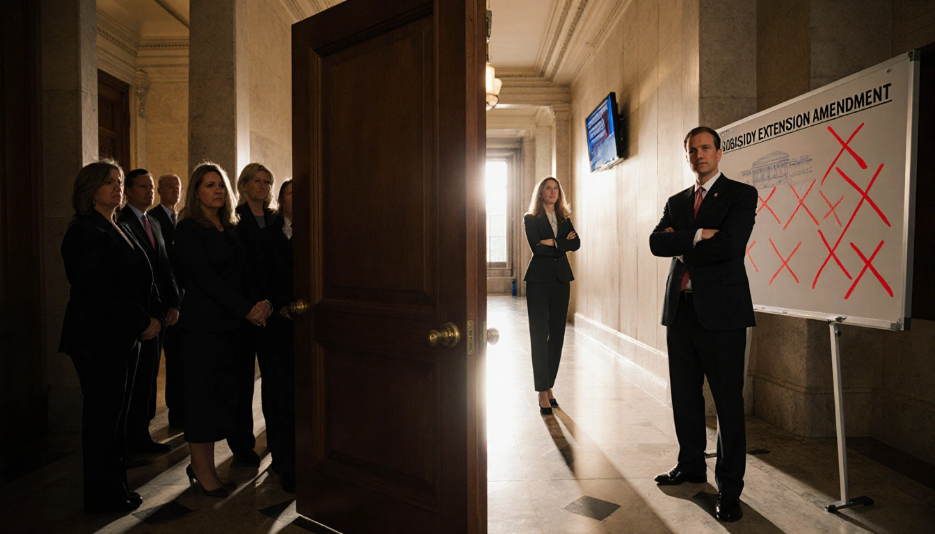 Moderate Republican lawmakers hold hands in Capitol Hill hallway with a large wooden door and a whiteboard marked with red X.