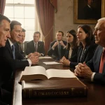 Lawmakers debating with open Obamacare book and golden light in Capitol chamber