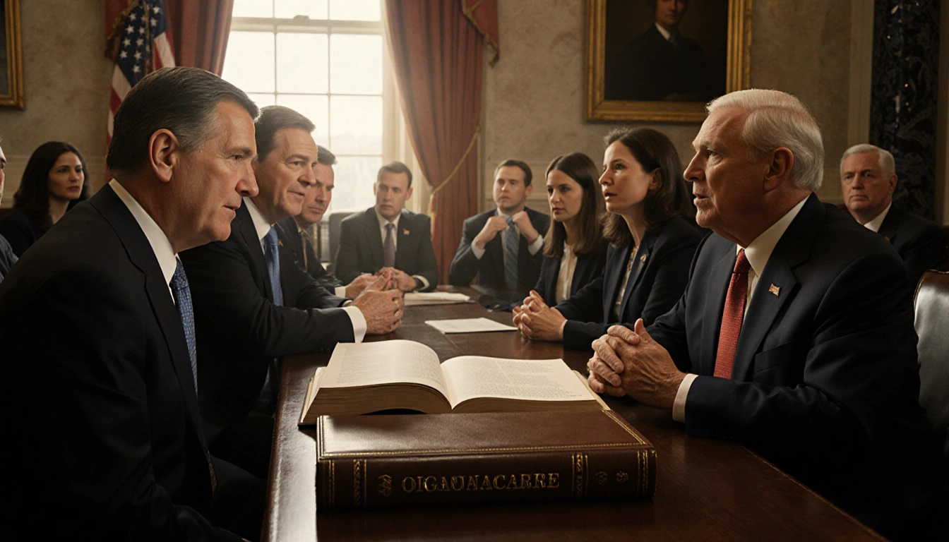 Lawmakers debating with open Obamacare book and golden light in Capitol chamber