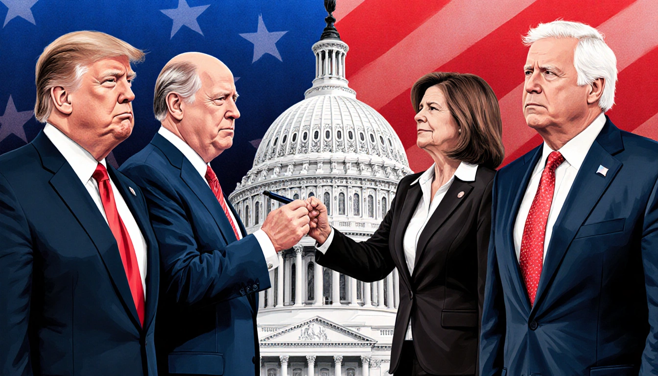 Four GOP rebels holding hands with frustrated Republicans and triumphant Democrats in background of blurred Capitol Hill.