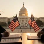 Democratic Caucus leader discusses bipartisan healthcare with staffer at table with flags and Capitol Hill sunset