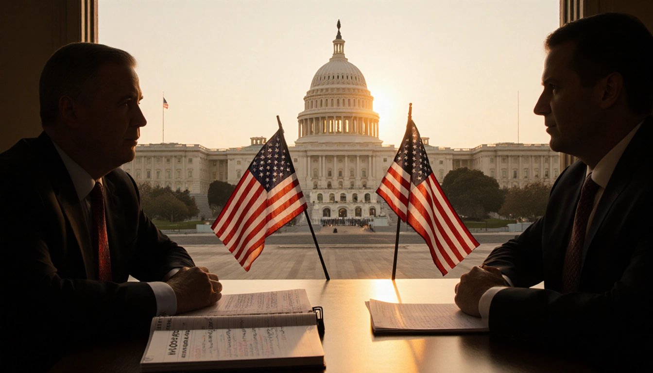 Democratic Caucus leader discusses bipartisan healthcare with staffer at table with flags and Capitol Hill sunset