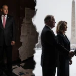 Speaker Johnson stands with ACA signs and pages while Republicans join hands with Democrats beside snow Monument.