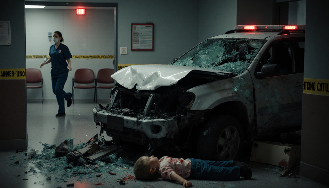 Medical staff member rushes toward wrecked car with twisted metal and injured toddler under caution tape